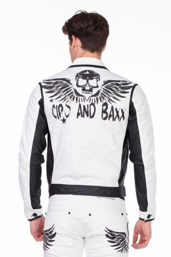 Cranium Wings White Denim Jacket Leather Sleeves