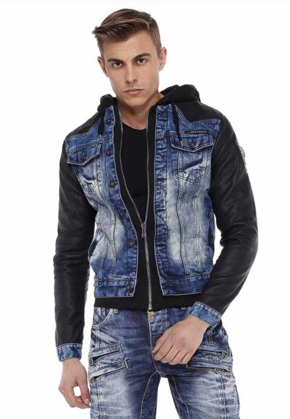 Sleek Biker's Statement Crafted for both comfort and style, this denim jacket's cotton base ensures a cozy fit, while the polyester sleeves add a modern, edgy twist. Features a striking metallic skull buckle on one sleeve that's as bold as it is captivating. Two pockets in front with denim lid and two sides pockets in the bottom. Metal brand button are placed in front as they're a visual feast.