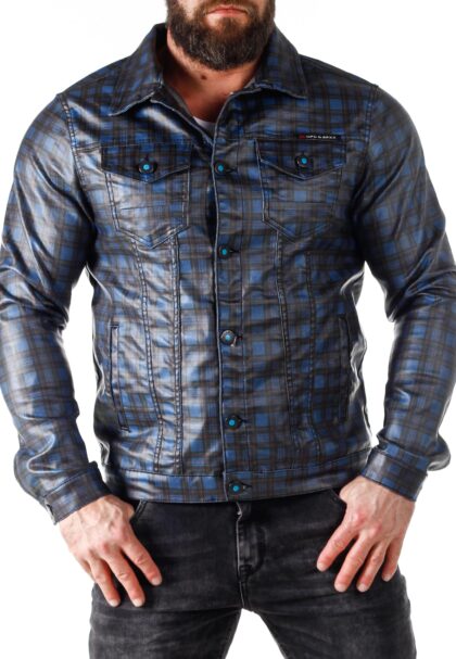 blue stylish waxed leather denim men jacket cj278