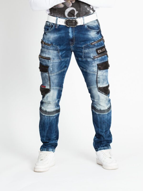 cargo leather and cotton blue denim jeans cd586